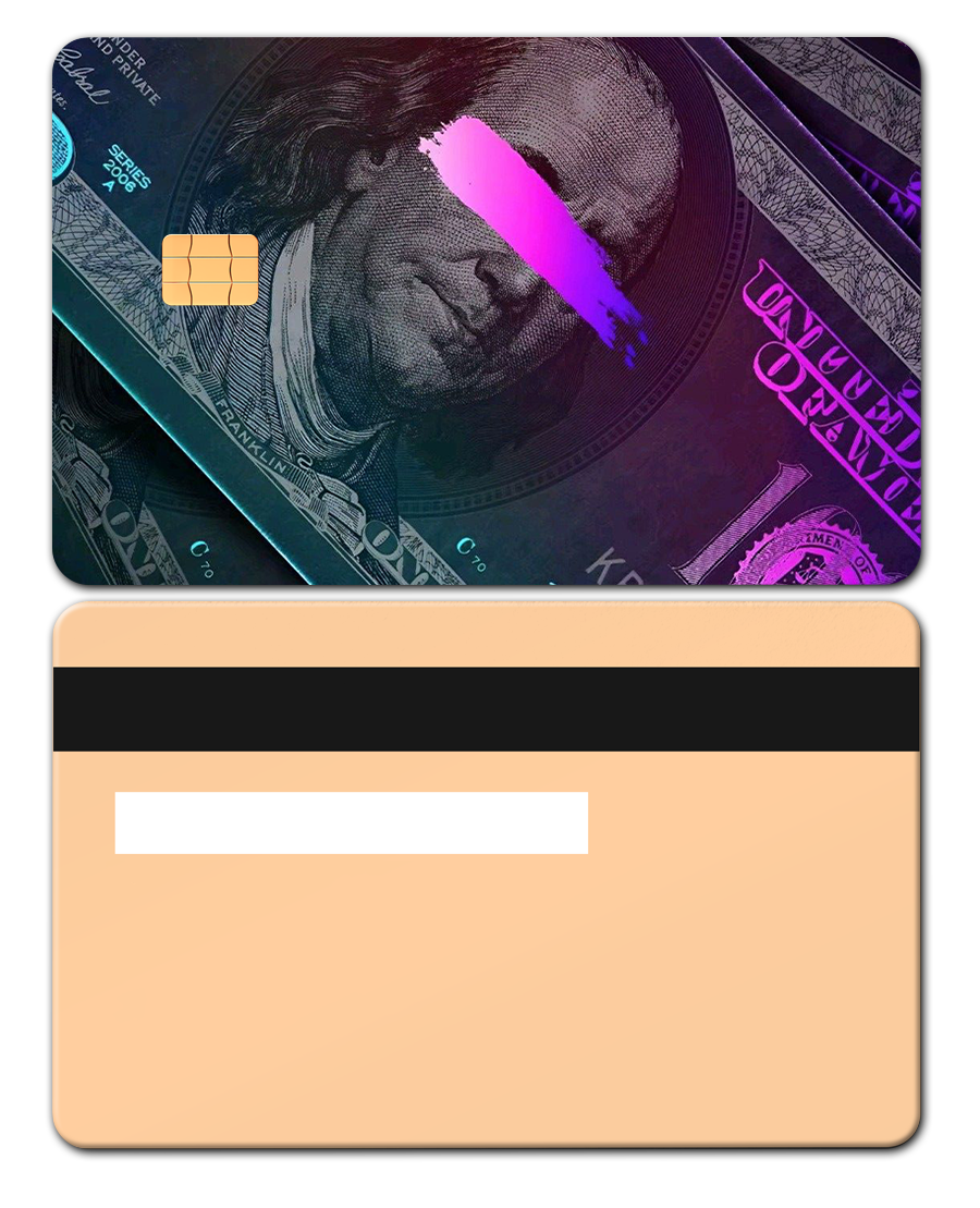 Rose gold metal card with dollar bill design, chip, and bold pink stripe accent