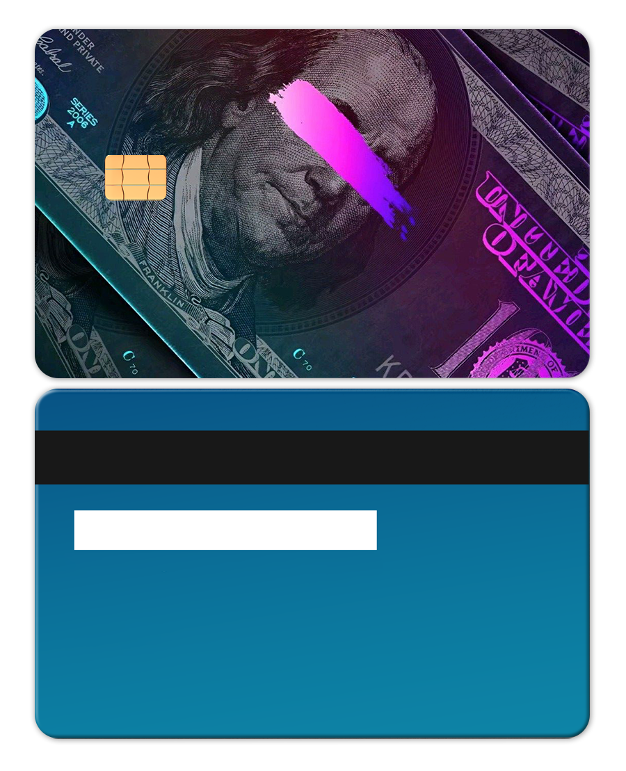 Sapphire blue metal card with dollar artwork, pink stripe, and black magnetic strip