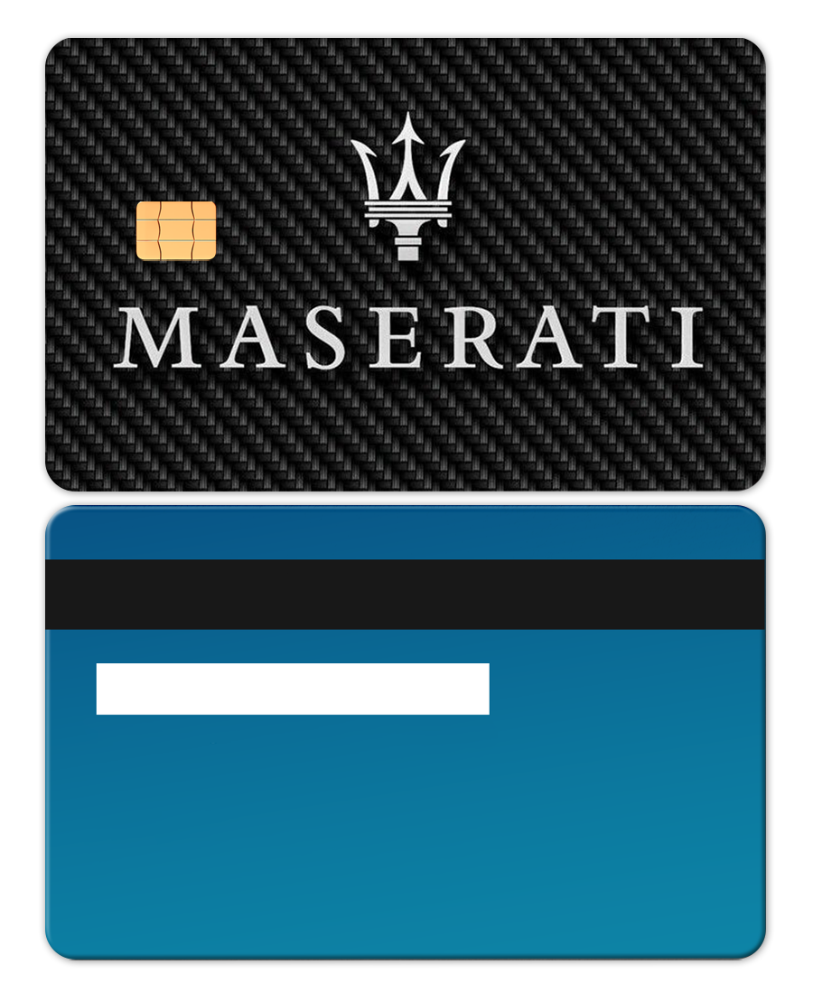 Sapphire blue metal card with Maserati logo, carbon fiber texture, chip, and magstripe.