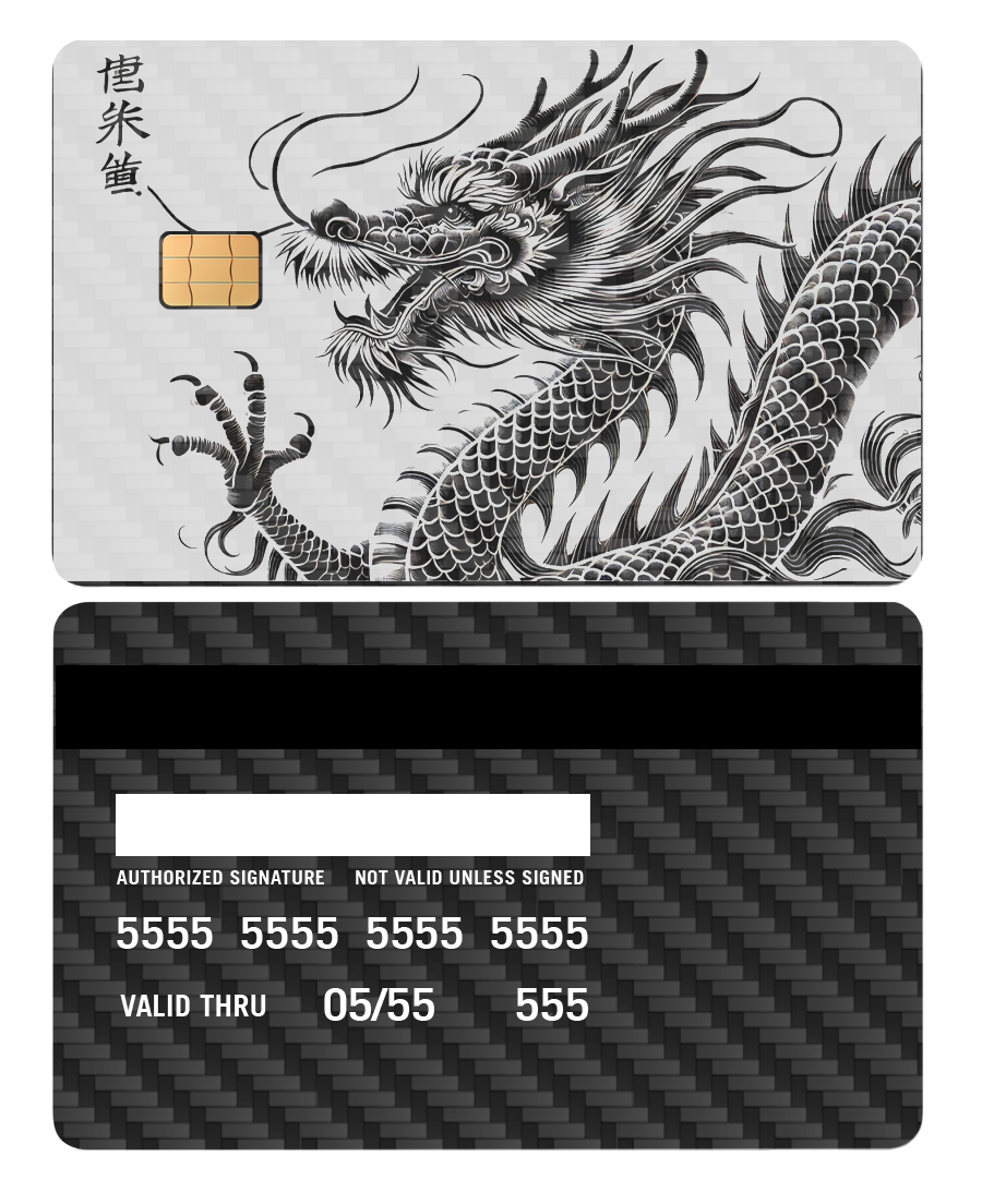 Black carbon fiber metal card with intricate dragon illustration and chip design