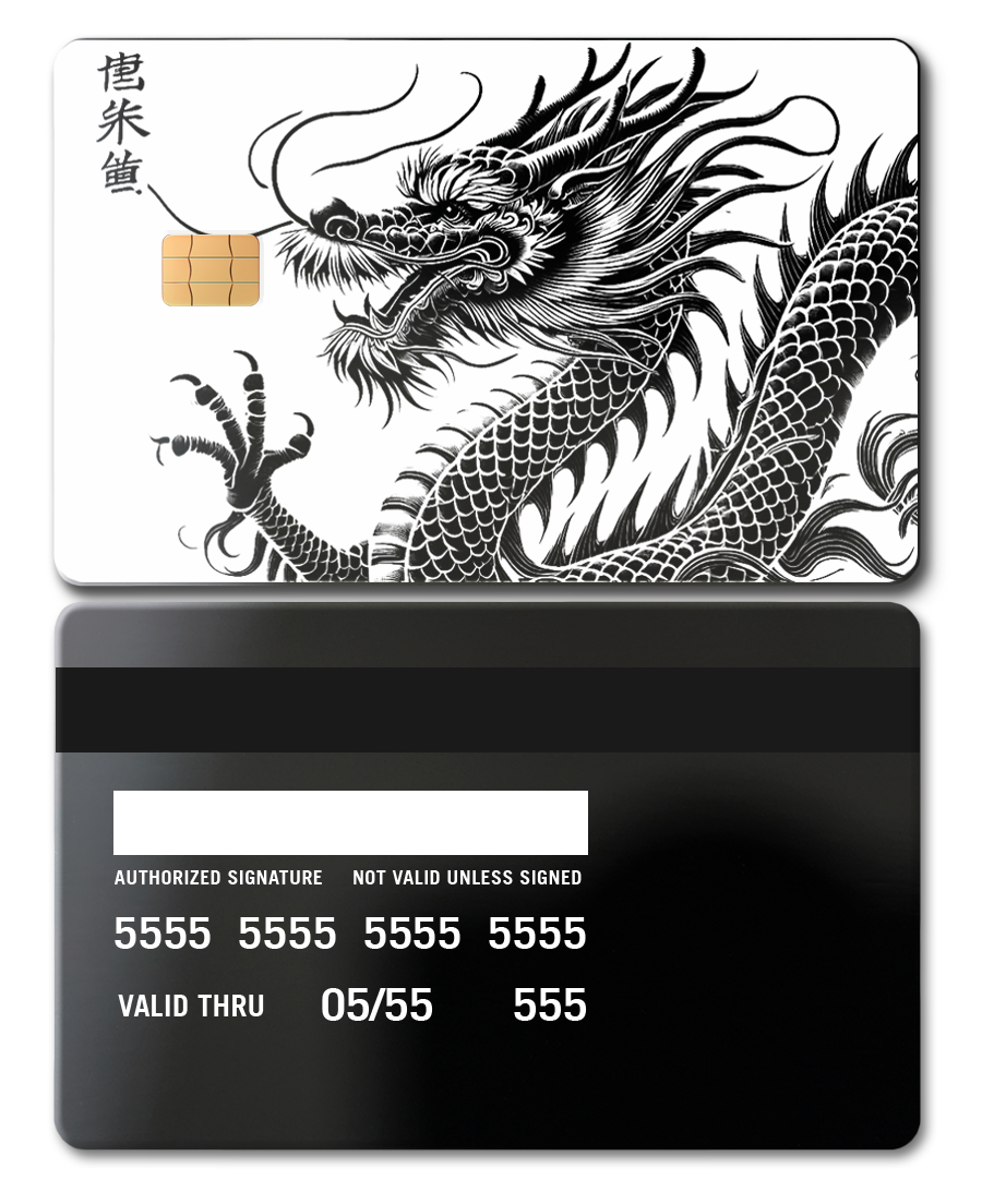 Black metal card with intricate dragon design, chip, and card details on glossy background