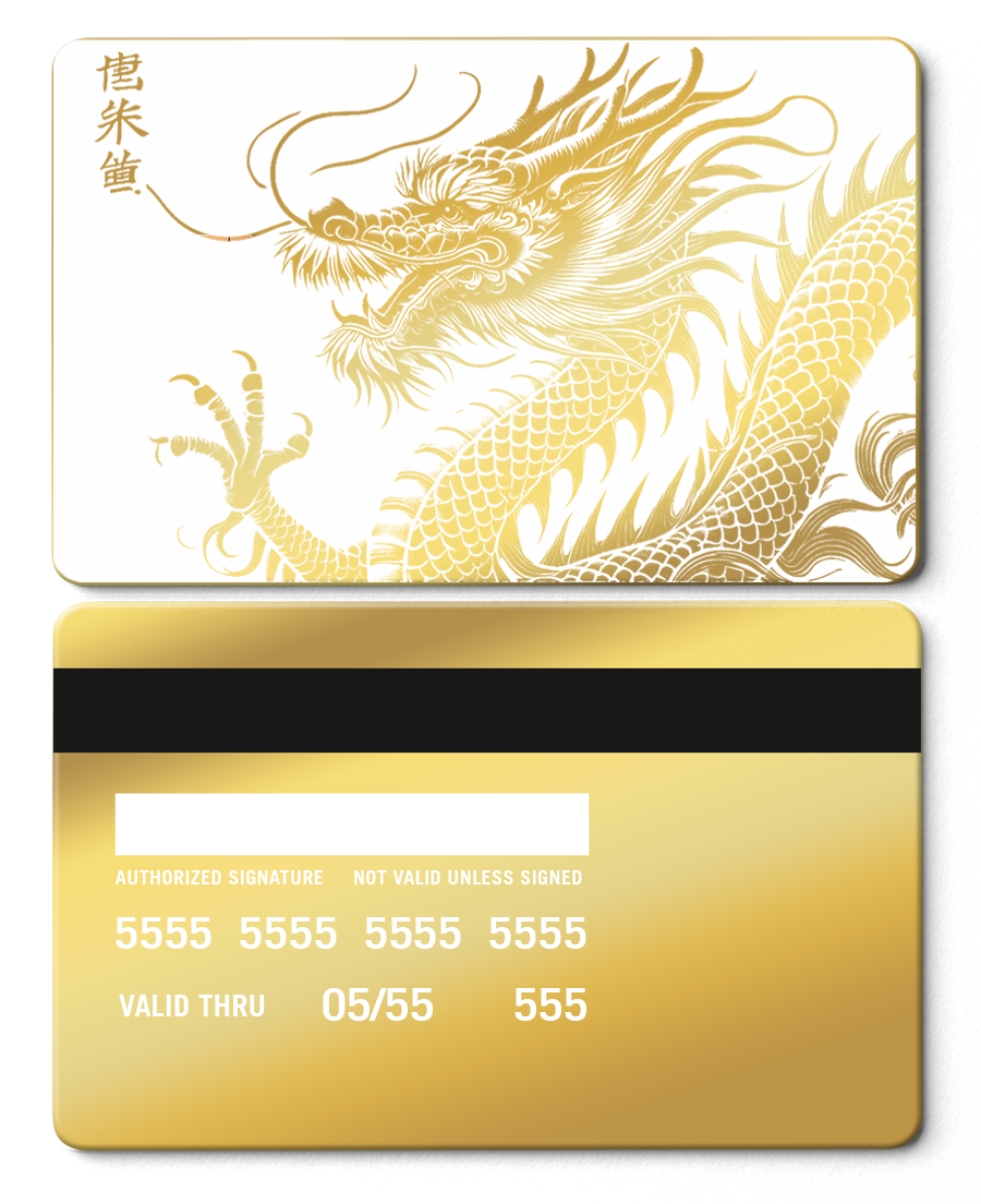 Gold mirror metal card with intricate dragon design and bold Asian script