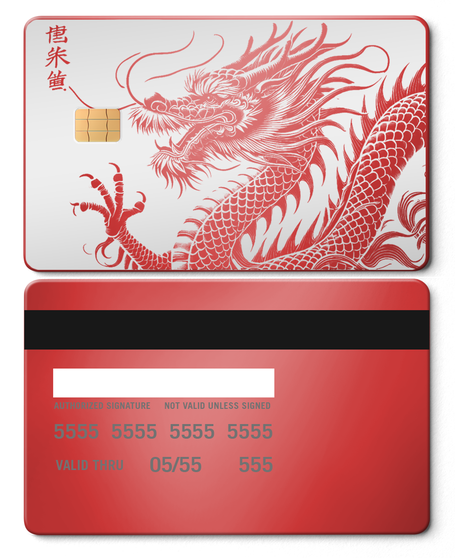 Red dragon metal card with chip, Asian script, and secure credit card details