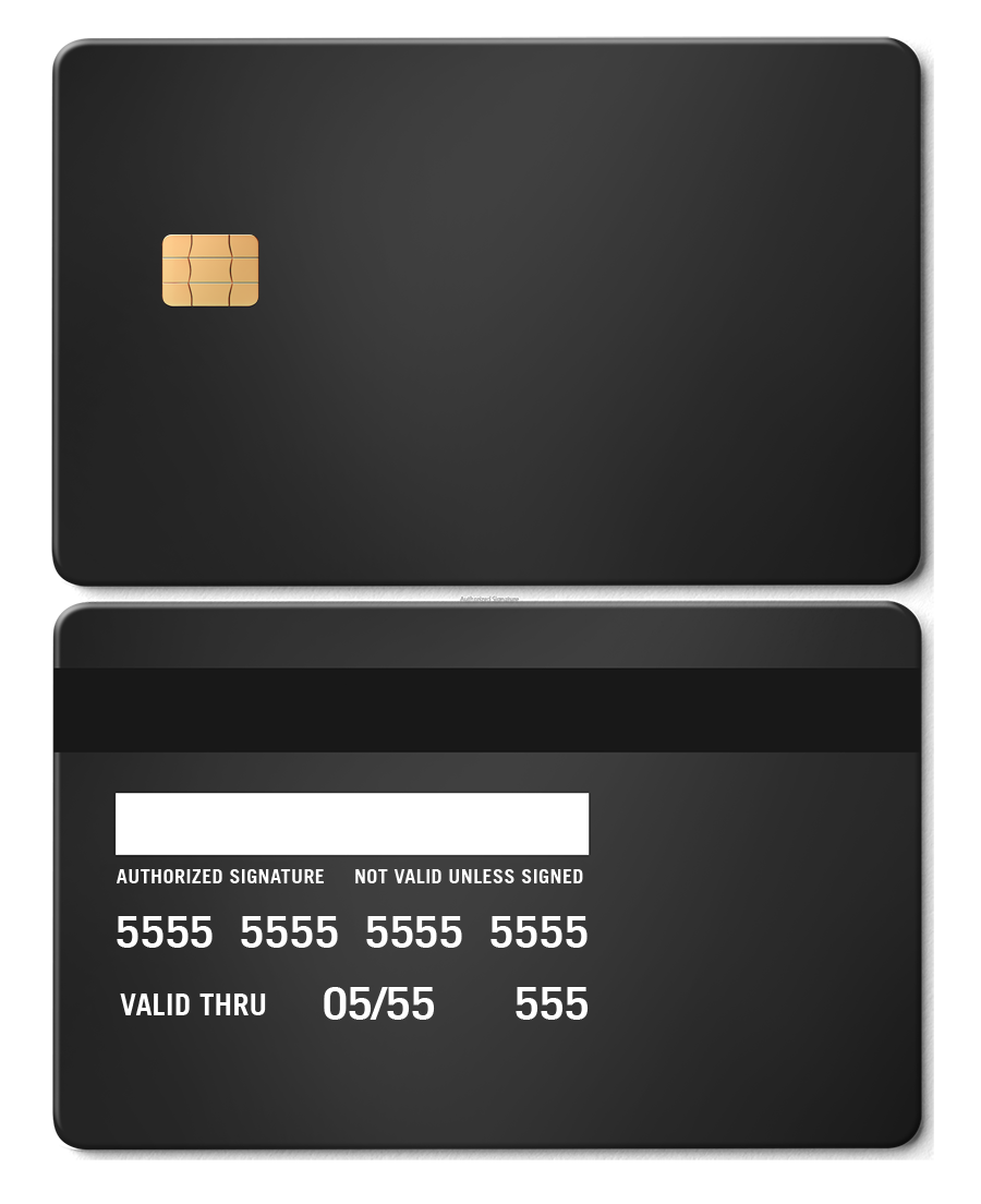 Matte black metal card with gold chip and signature strip, modern payment card design.