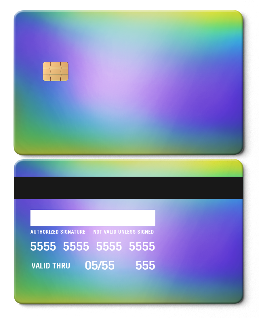 Metal card with rainbow chrome gradient, chip, black stripe, and signature panel