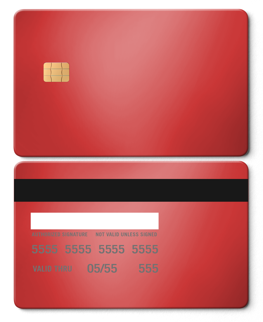 Red metal card with chip, magnetic stripe, and signature panel, front and back view