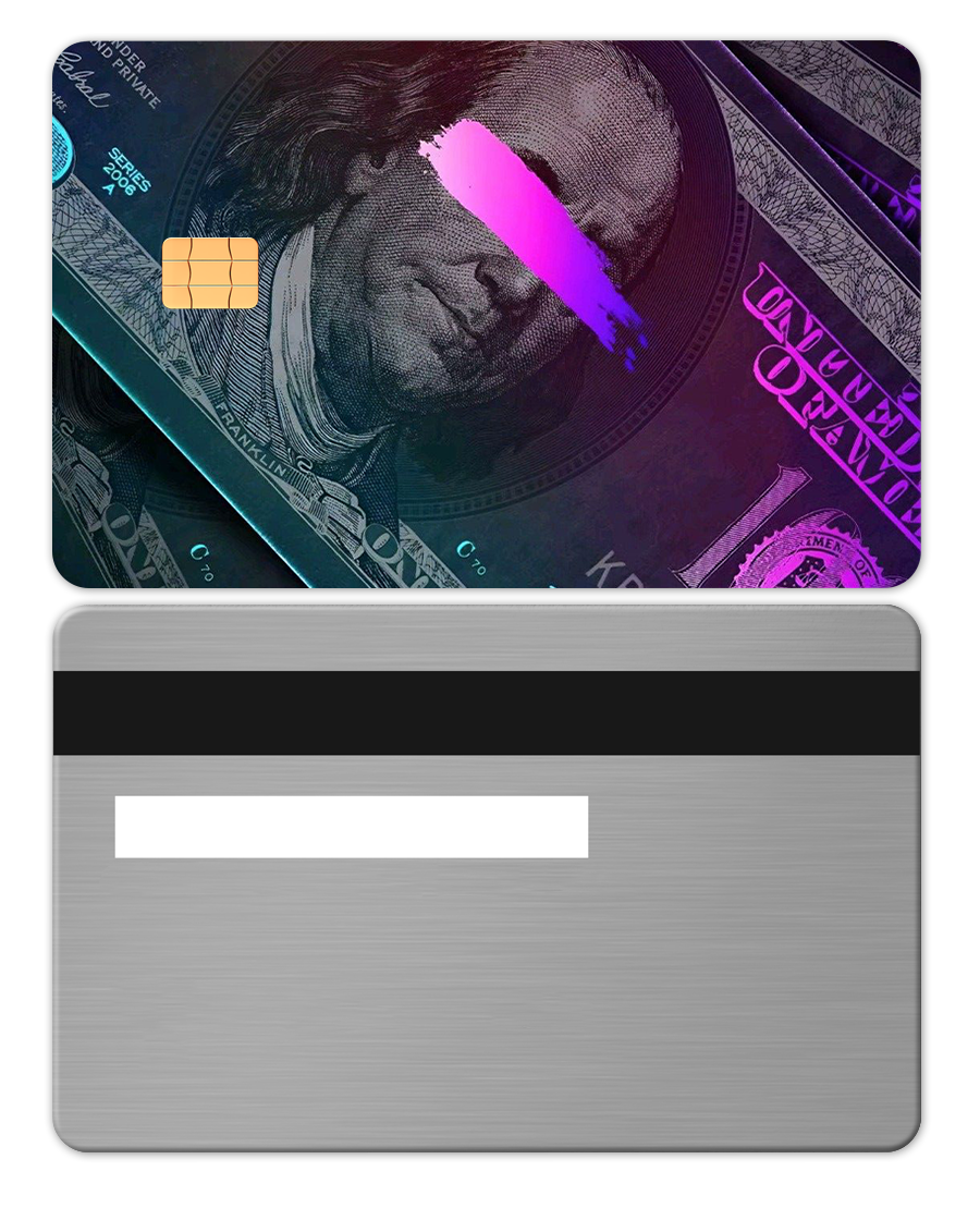 Custom metal card with silver back, magnetic stripe, and artistic dollar bill design front