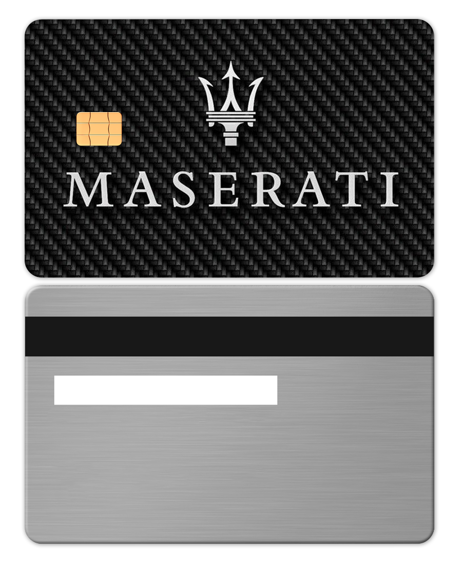 Silver metal card with Maserati logo, carbon fiber design, chip, and magnetic stripe
