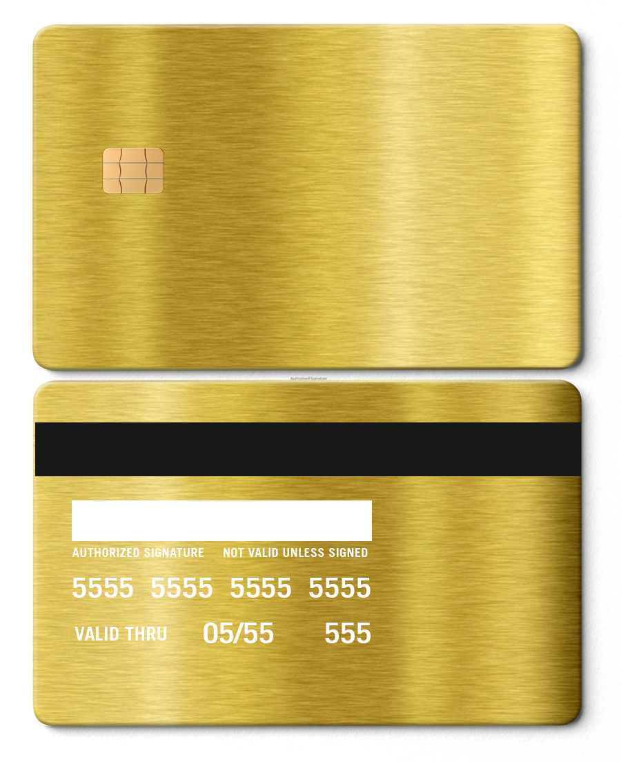 Brushed gold metal card with chip and magnetic stripe, premium custom metal card design.