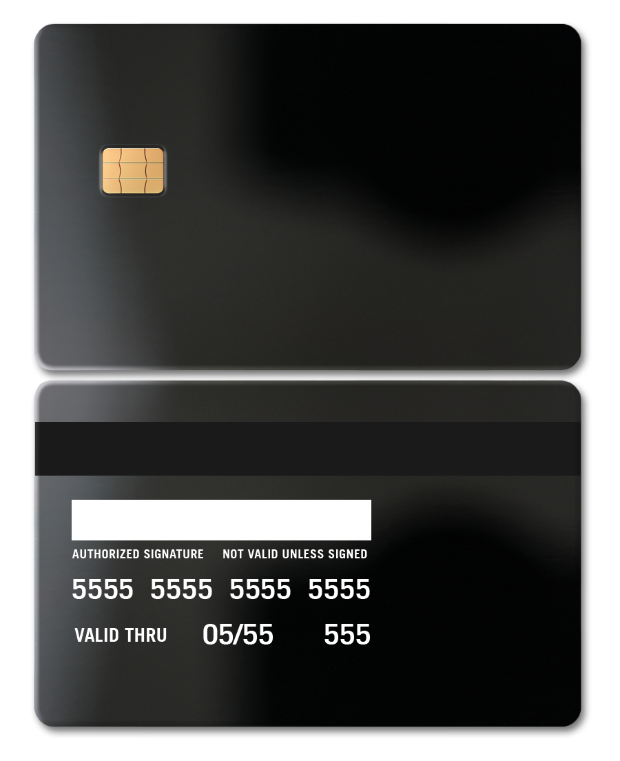 Sleek black metal card with chip, mirror finish, and engraved details on front and back.