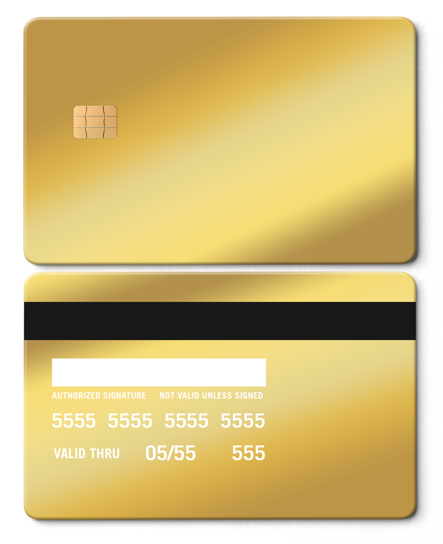 Mirror gold metal card with chip, blank front, and black magnetic strip on back.