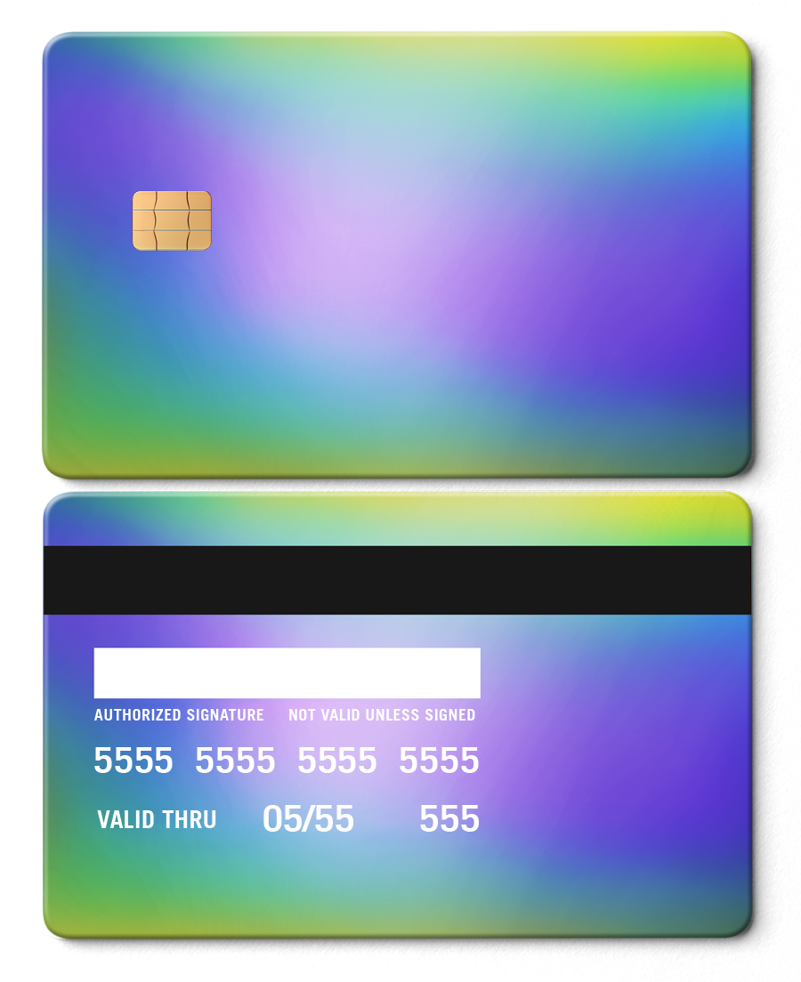 Rainbow chrome metal card with chip, holographic gradient, and black magnetic stripe