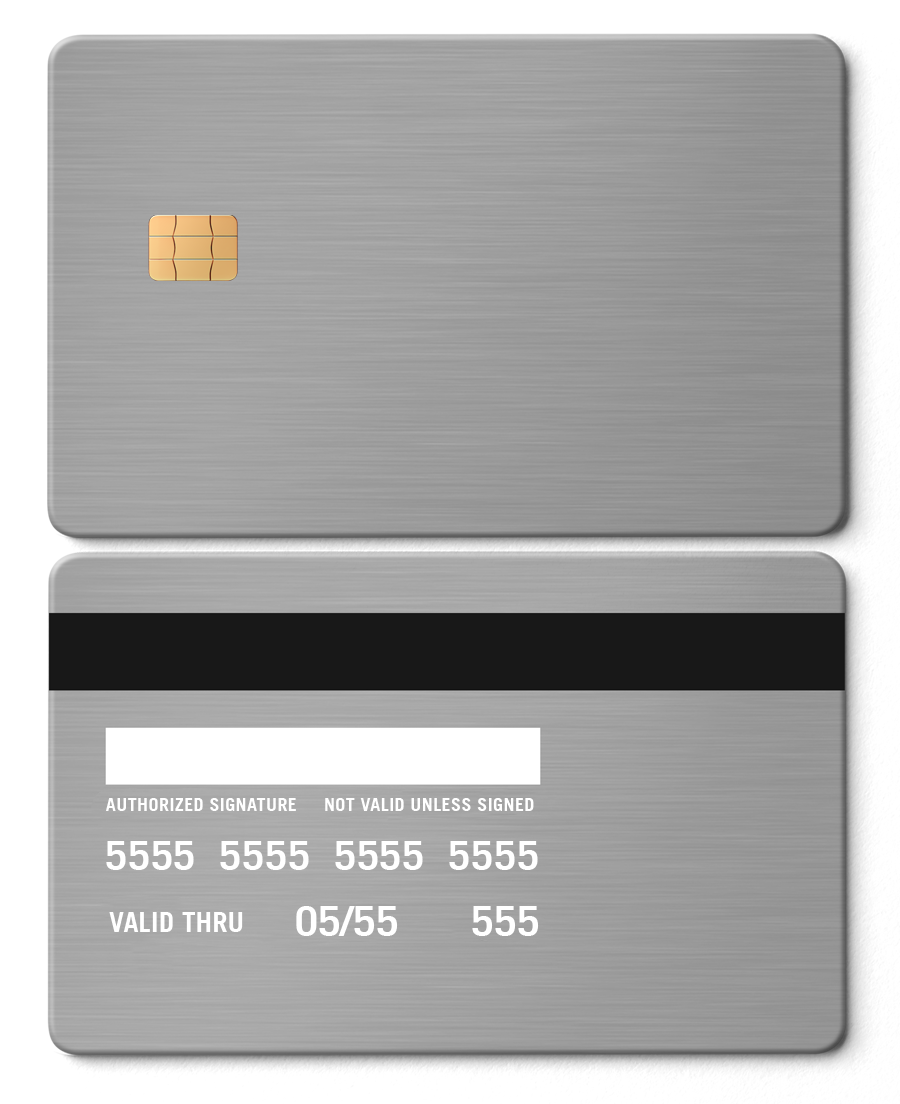 Silver metal card with chip, magnetic stripe, and engraved details on brushed finish