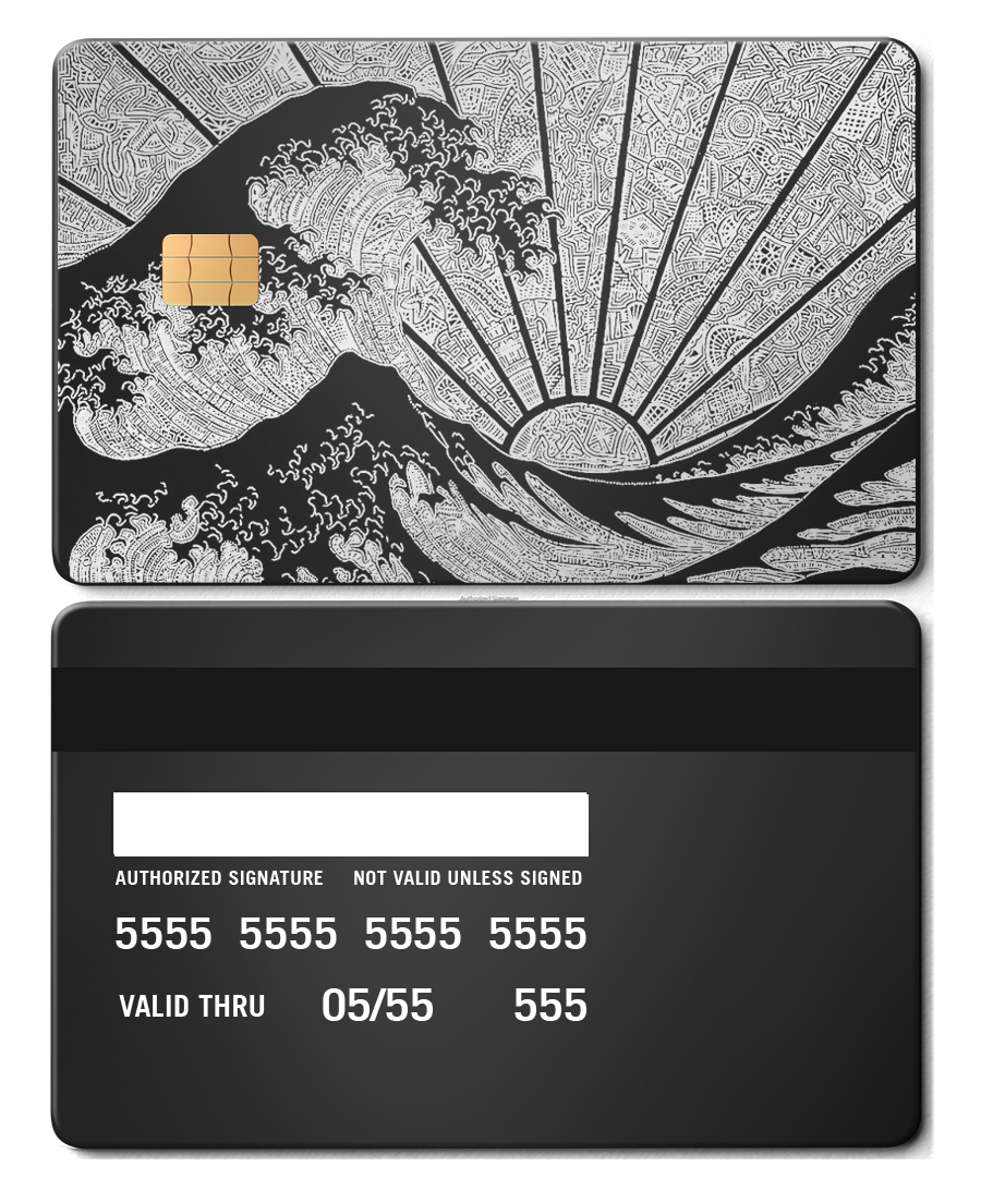 Metal card featuring The Great Wave in black with sun rays and chip design on front