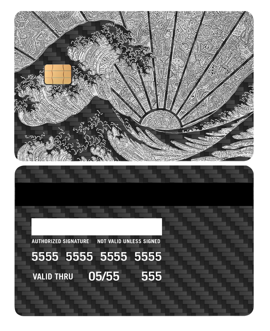 Metal card with black carbon fiber texture and Great Wave-inspired white line art