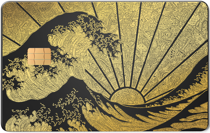 Metal card featuring gold Great Wave and sunburst design on black background