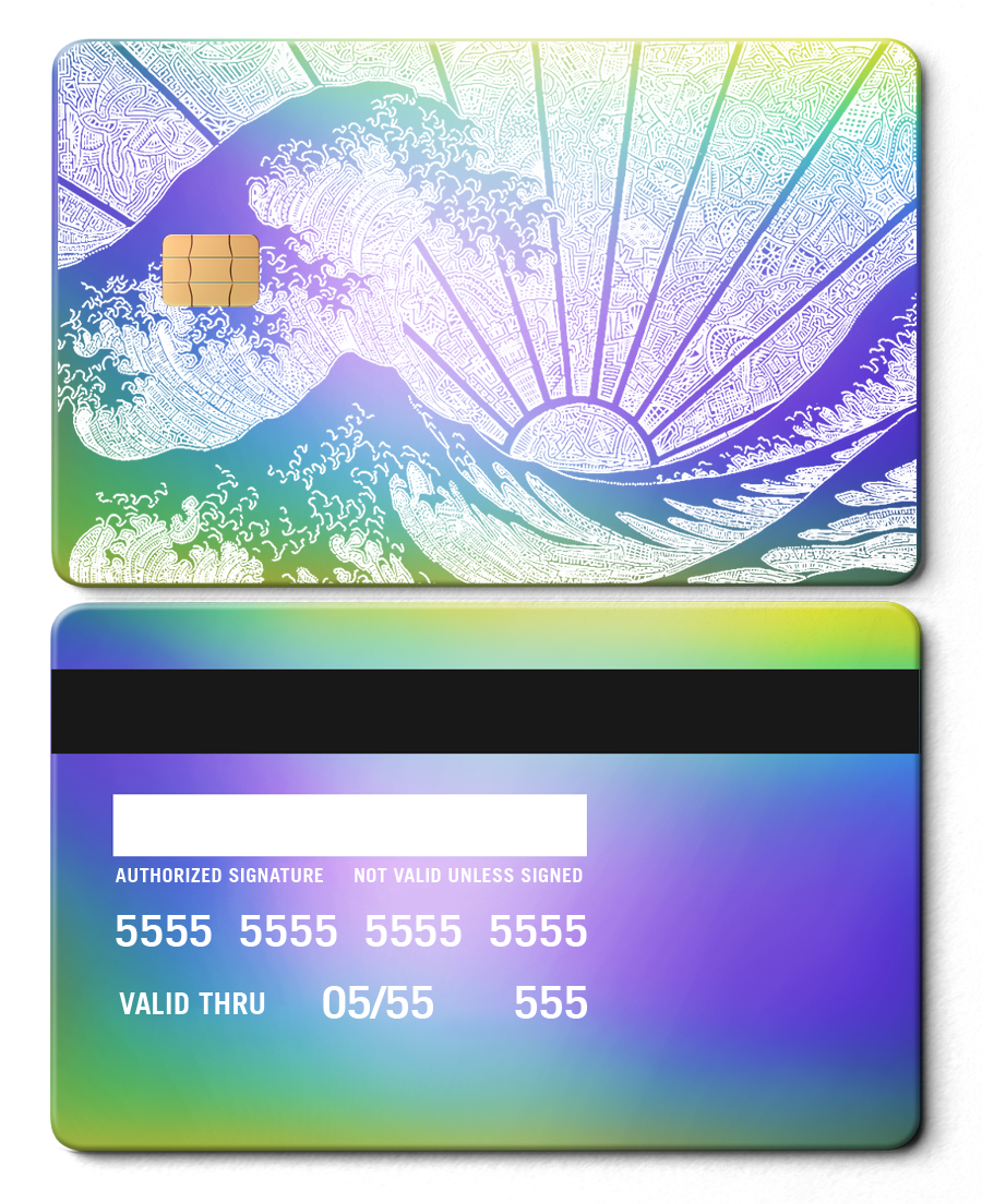 Rainbow chrome metal card with Great Wave and sunburst engraving, chip and magnetic stripe