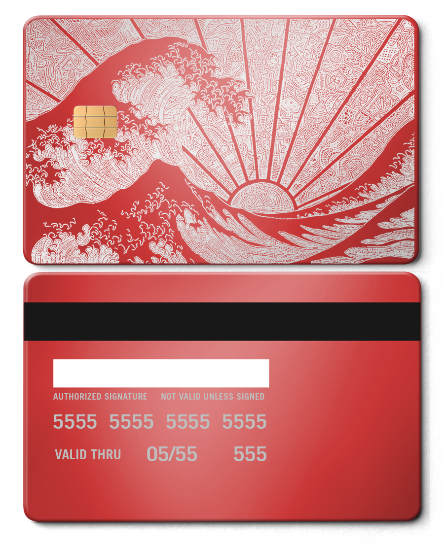 Red metal card with intricate Great Wave design and rising sun pattern