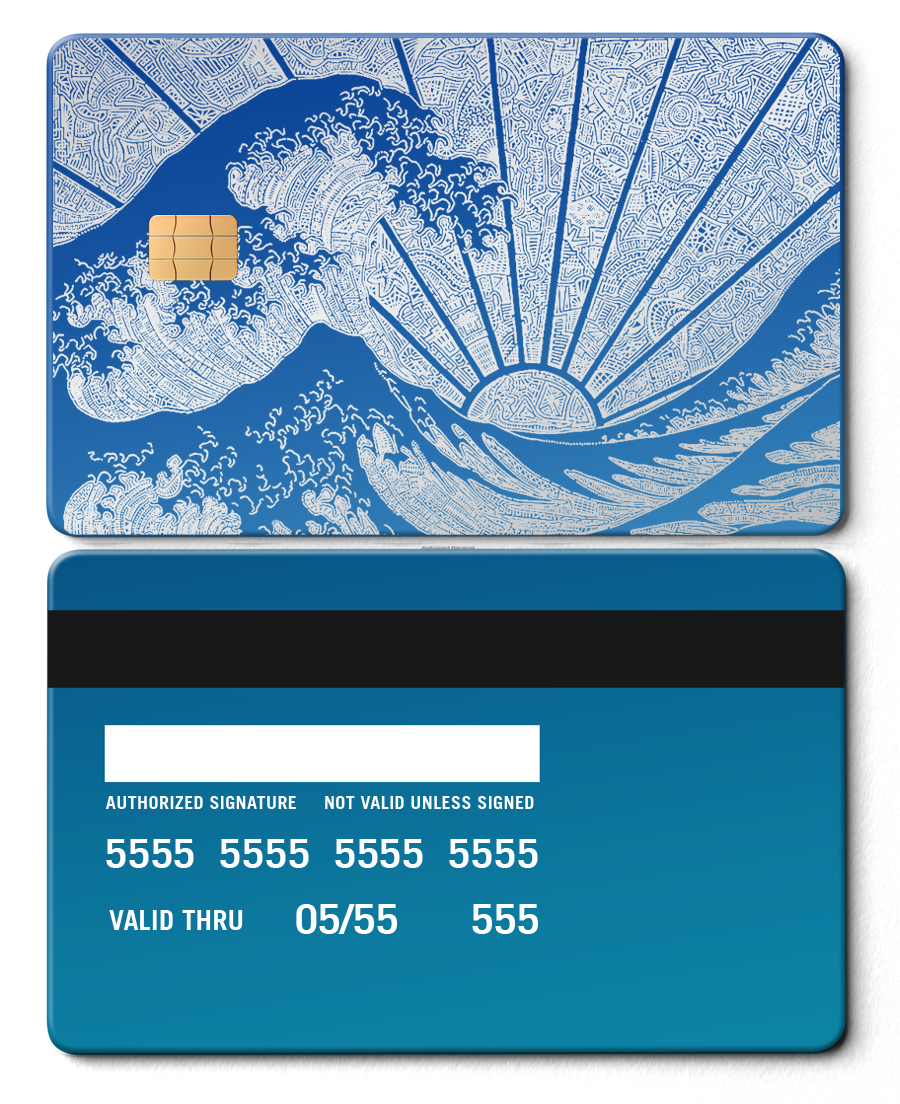 Sapphire blue metal card with Great Wave art, sun rays, and chip on front.