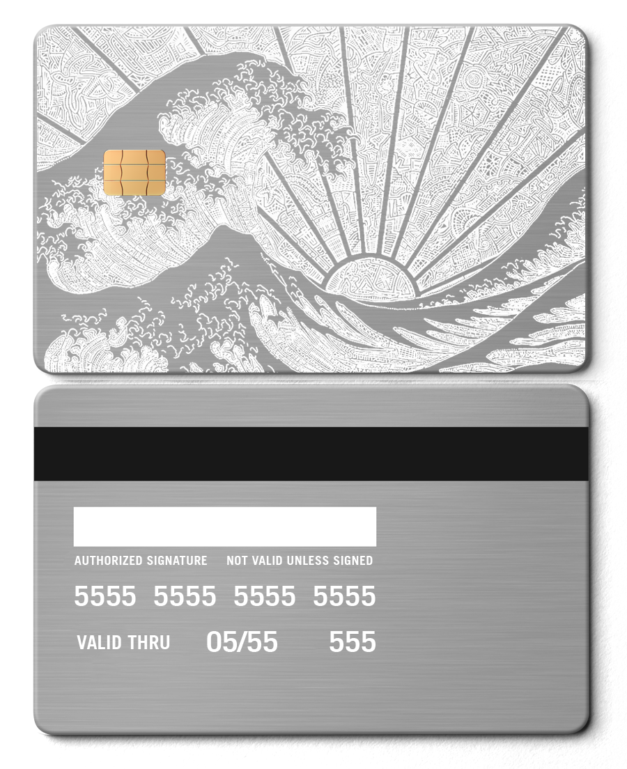 Silver metal credit card featuring engraved Great Wave artwork with sunburst design.