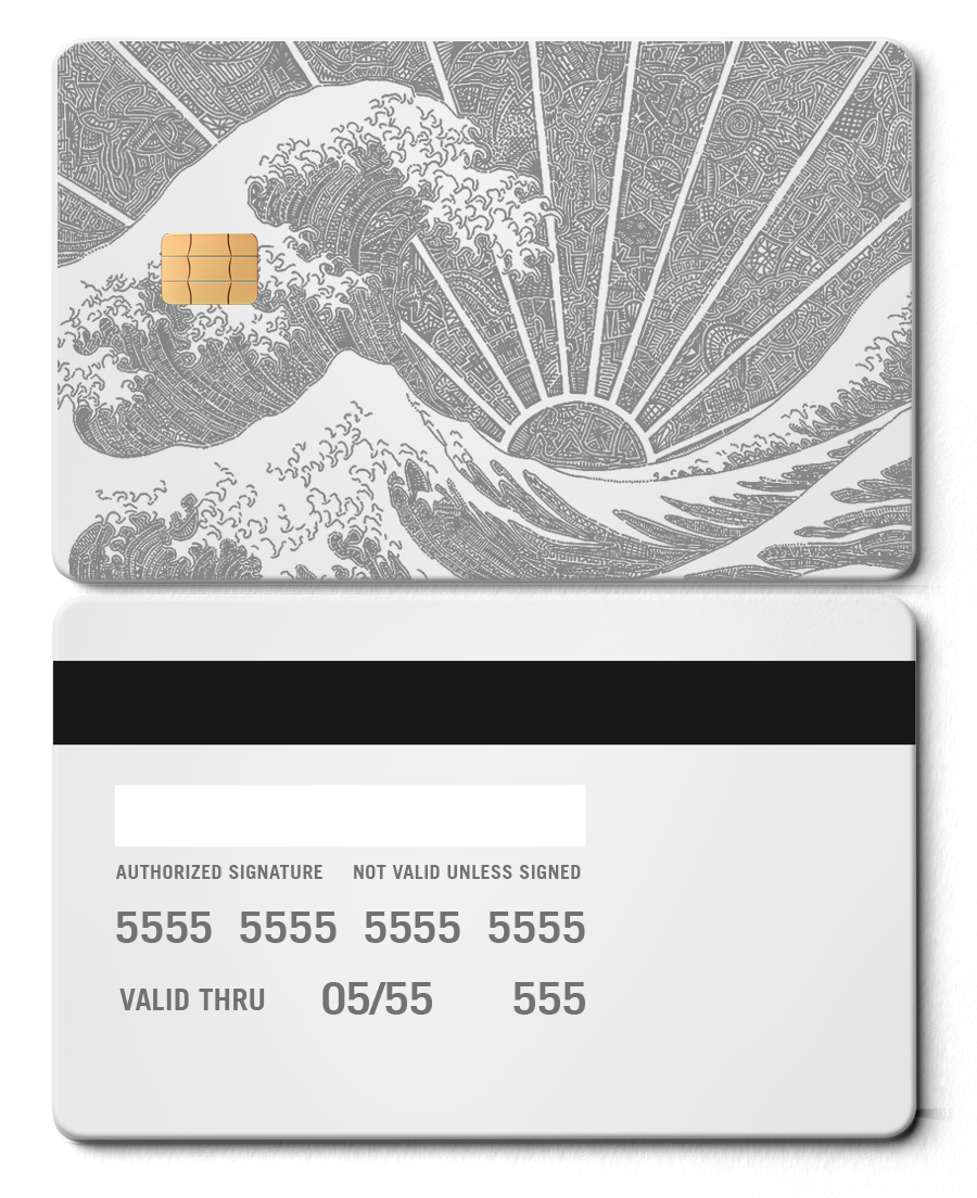 Metal card featuring The Great Wave design in silver with sunburst pattern and chip