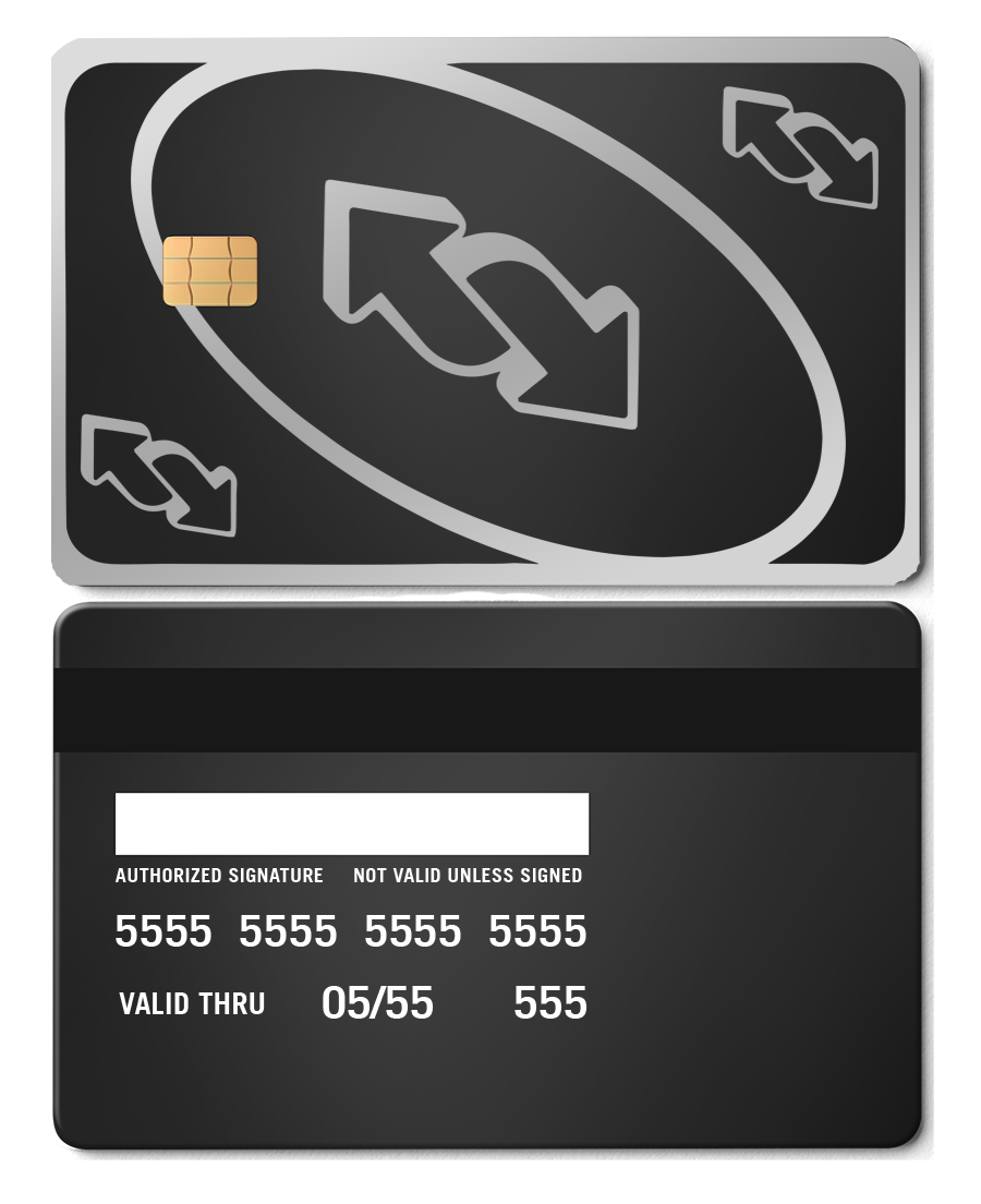 Black metal UNO reverse card with silver arrows, chip, and card details visible.