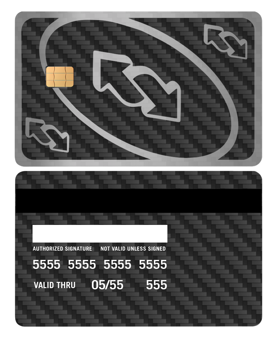 Metal UNO Reverse Card with black carbon fiber design, card chip, and silver arrow graphics