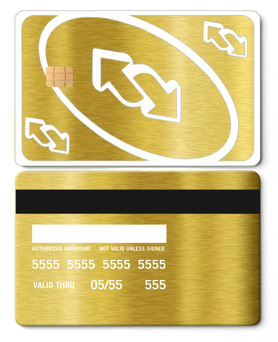 Brushed gold metal card featuring UNO reverse card design, chip, and credit card details