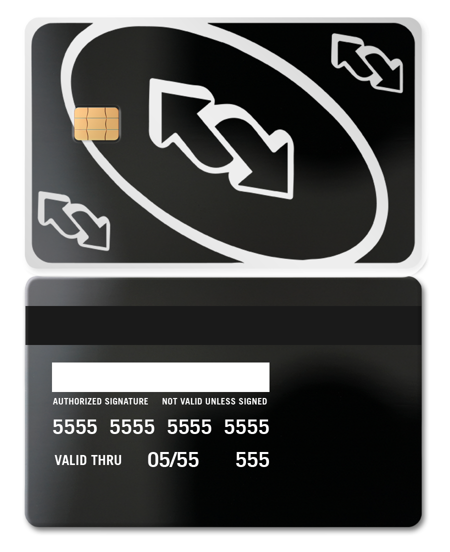 Black metal UNO reverse card with chip, white arrows, and credit card details
