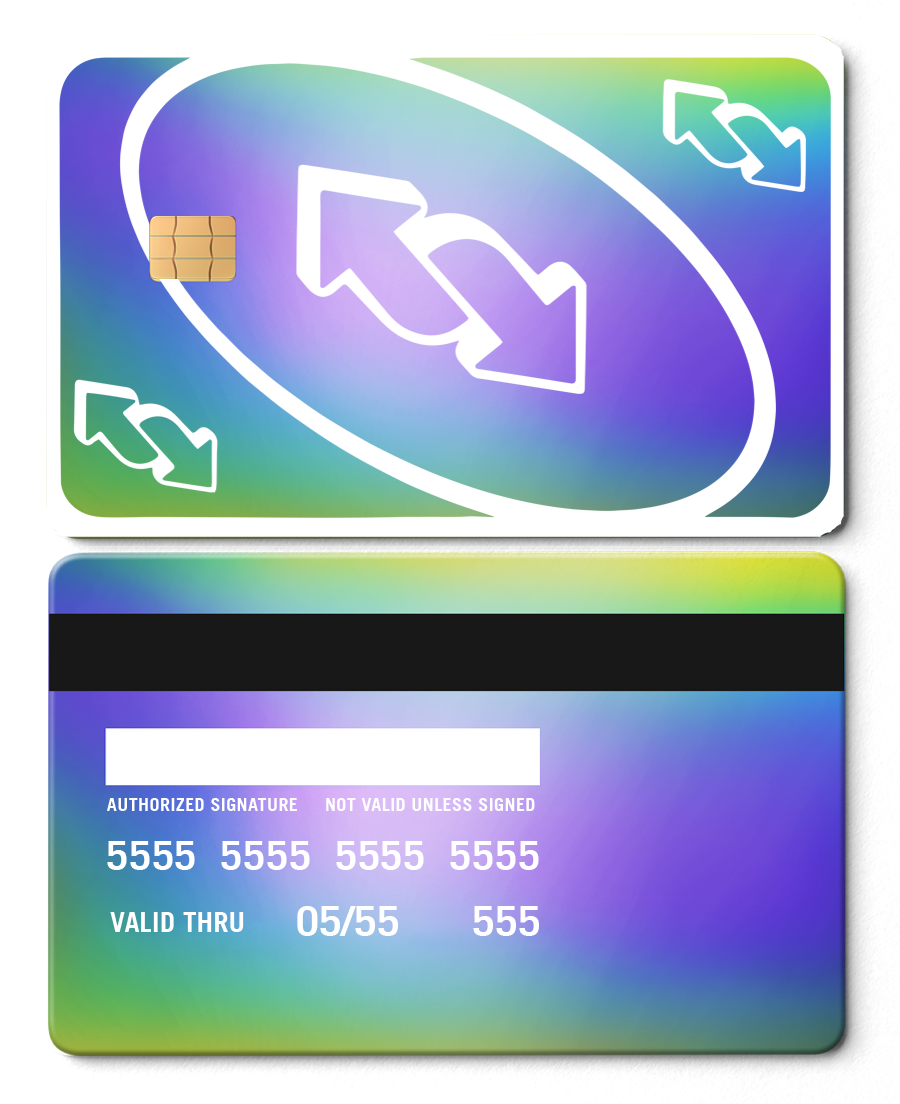 Metal UNO reverse card with rainbow chrome finish, chip, and credit card design