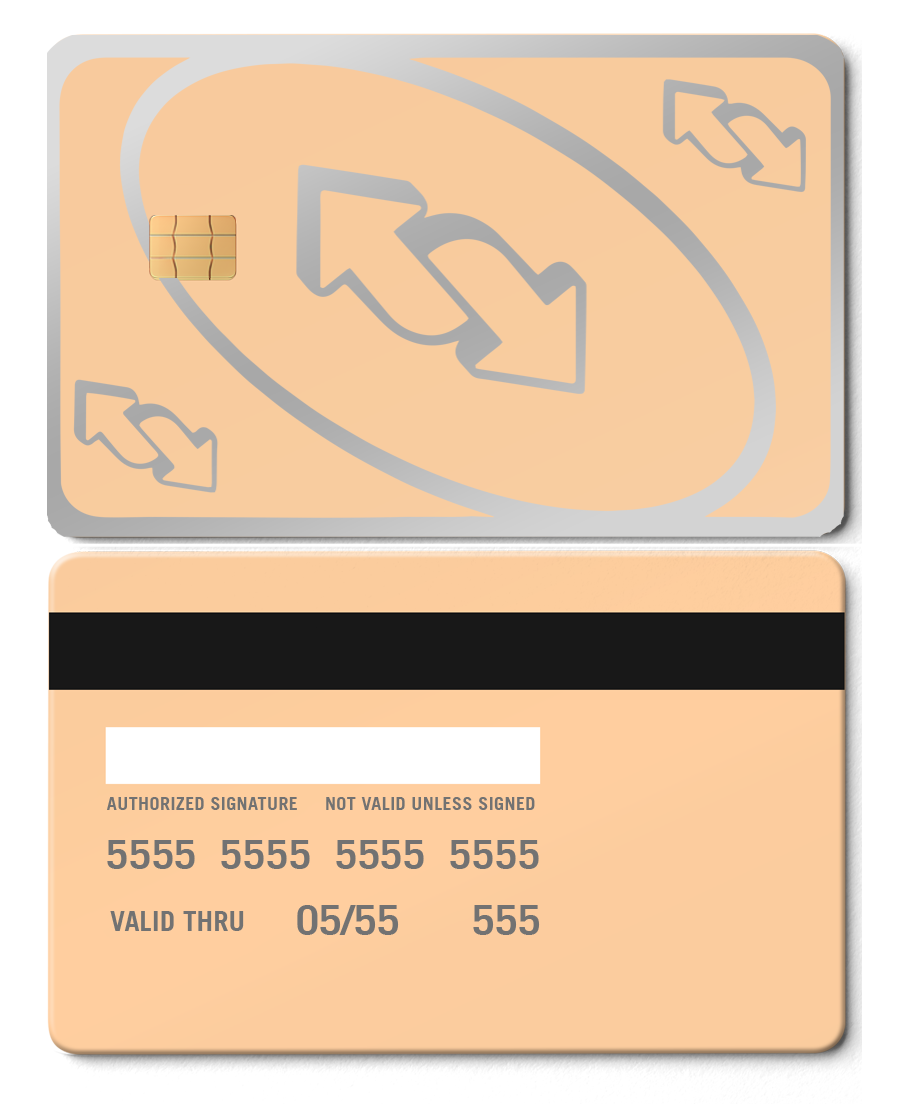 Rose gold metal card with UNO reverse symbol and chip, credit card style design