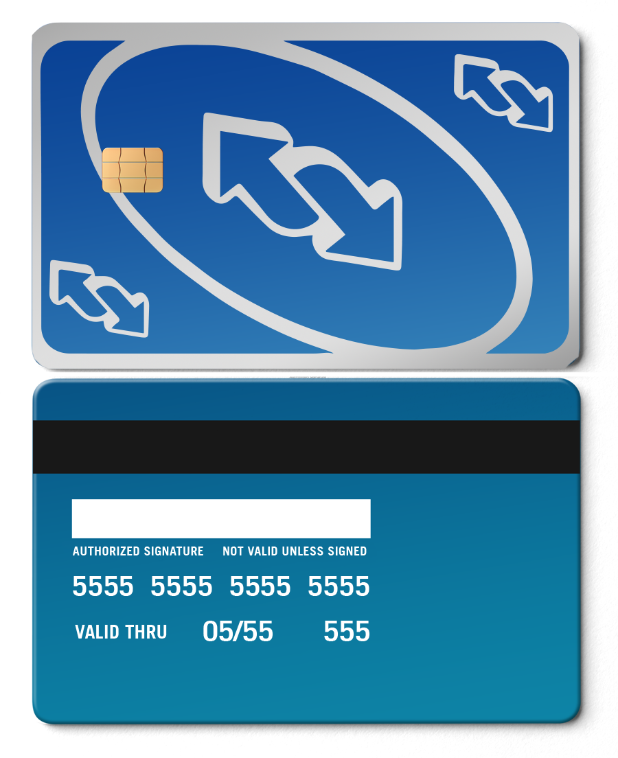 Metal UNO reverse card design in sapphire blue, credit card style front and back