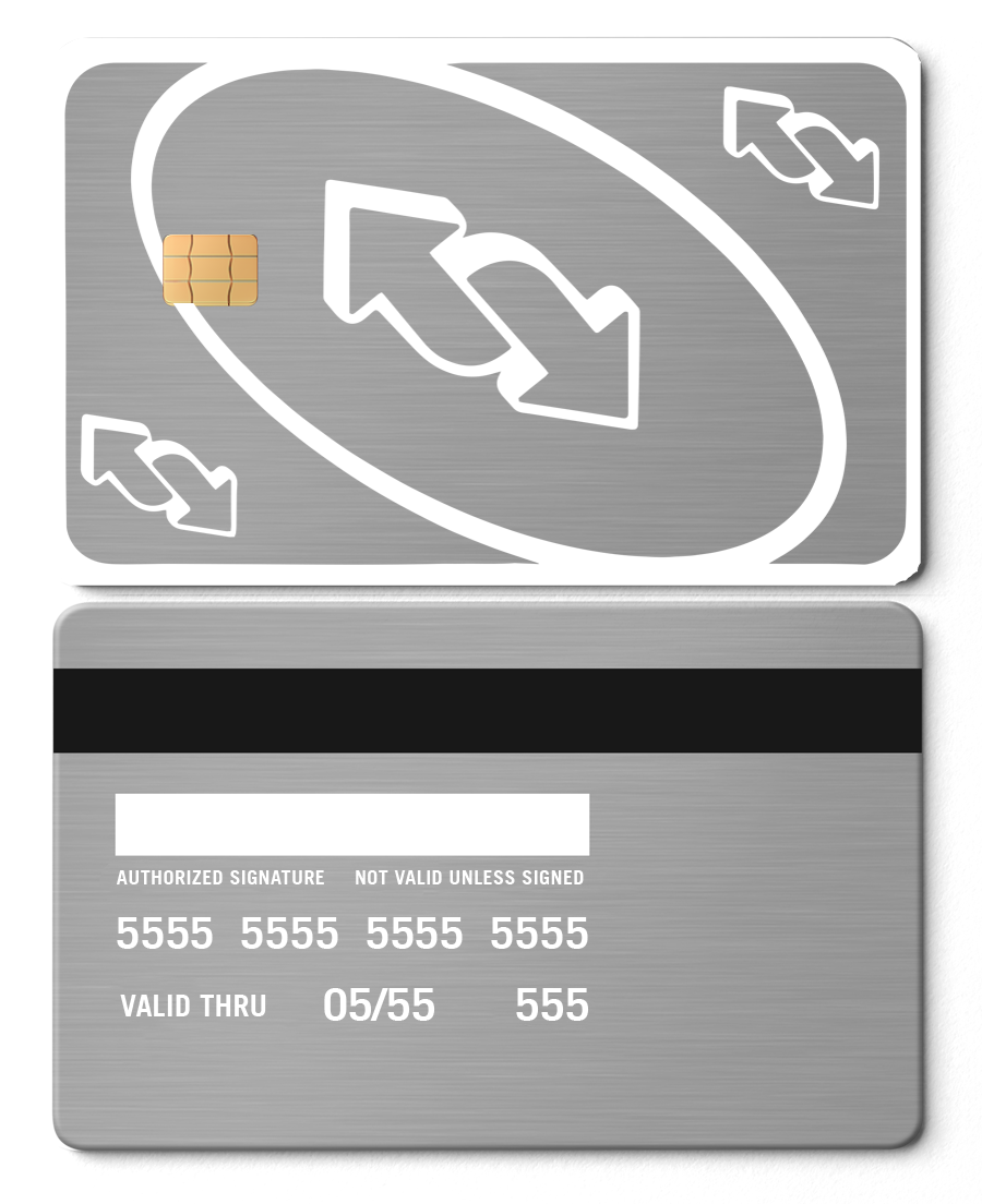 Silver metal UNO reverse card with chip, engraved arrows, and credit card details