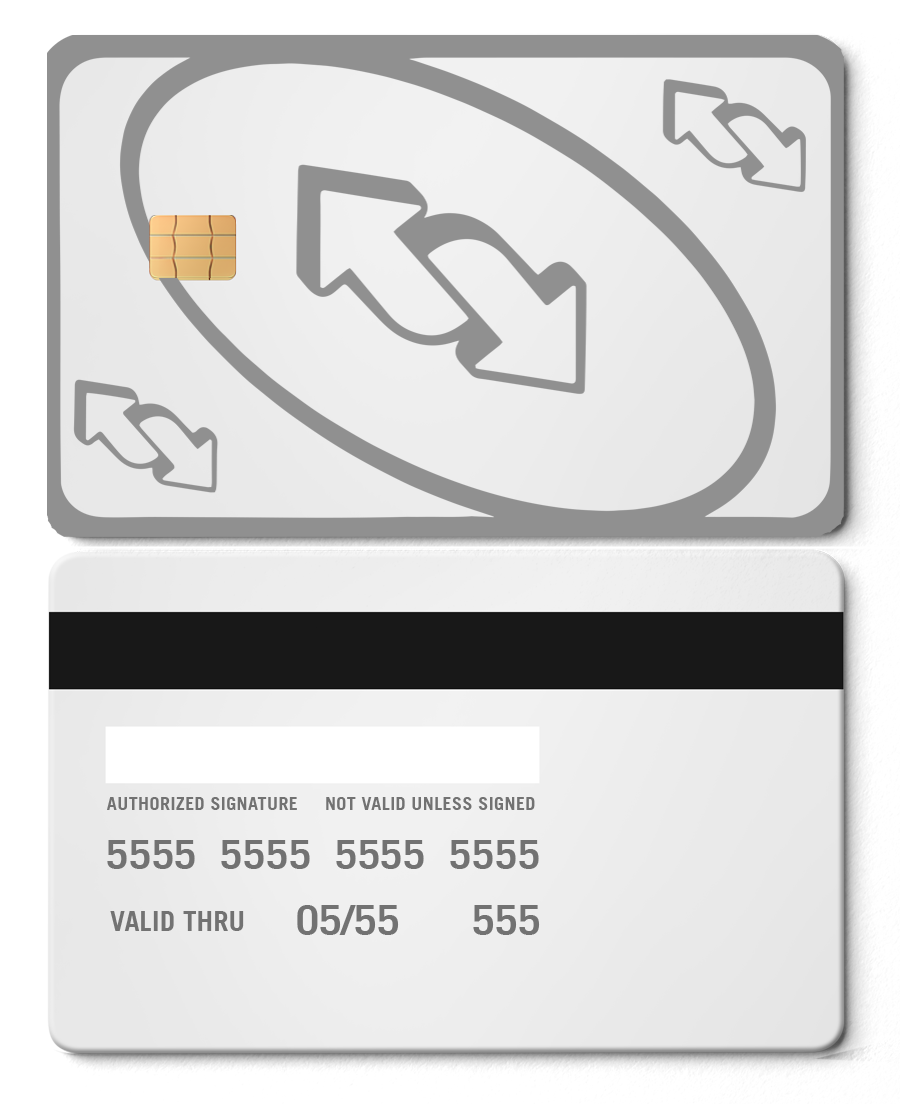White metal UNO reverse card with gray arrows, chip, and card details, metal card product