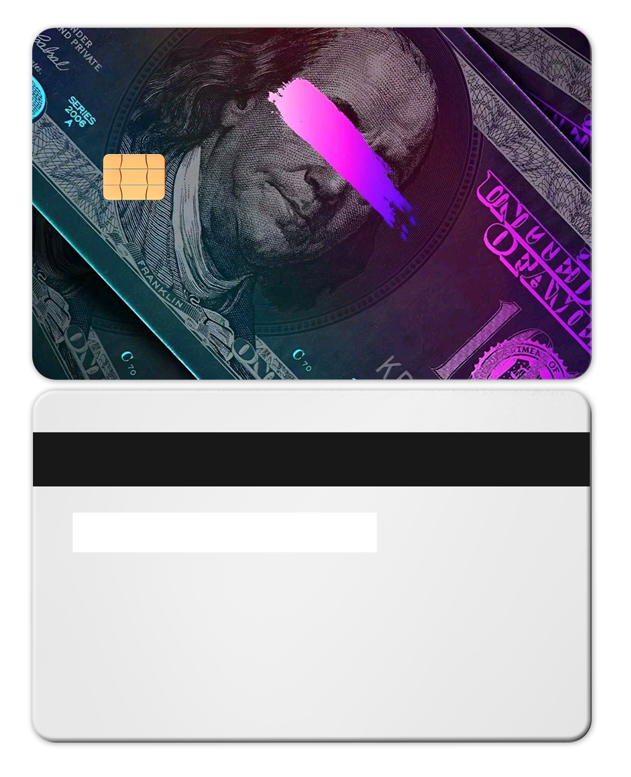 Custom metal card with white design, black magnetic stripe, and money-themed artwork