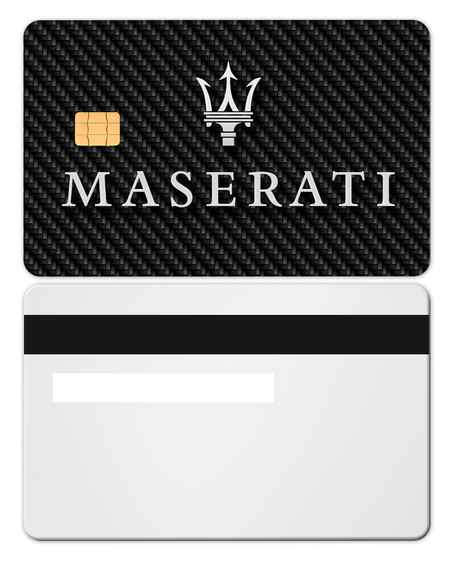 Black carbon fiber Maserati metal card with silver logo and chip, white back with stripe.