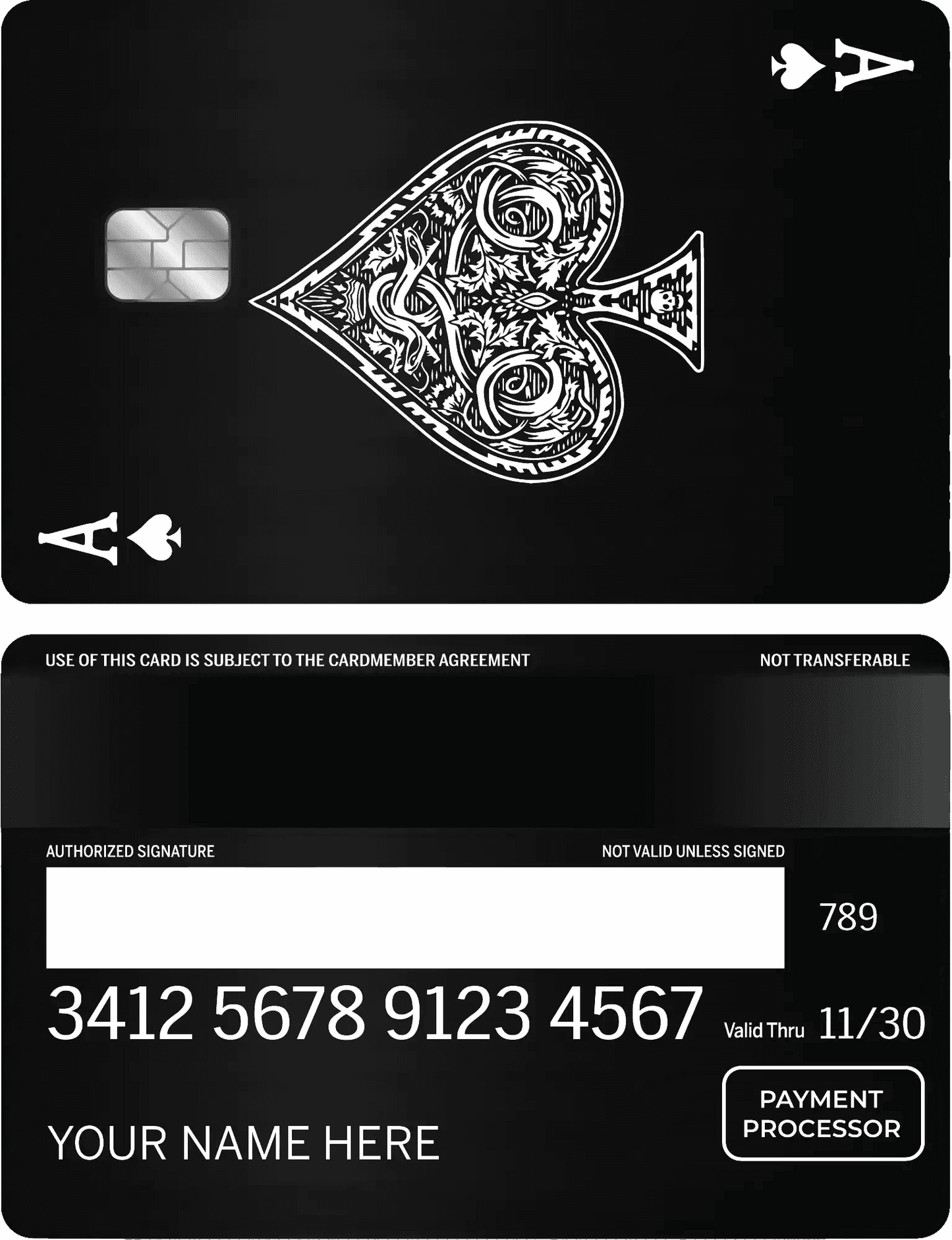Black metal card featuring ace of spades design, credit chip and card details visible.