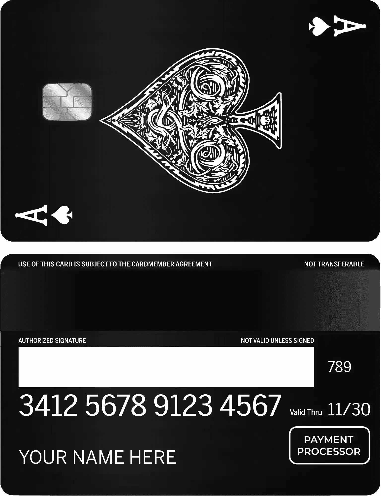 Black metal card featuring ace of spades design, credit chip and card details visible.