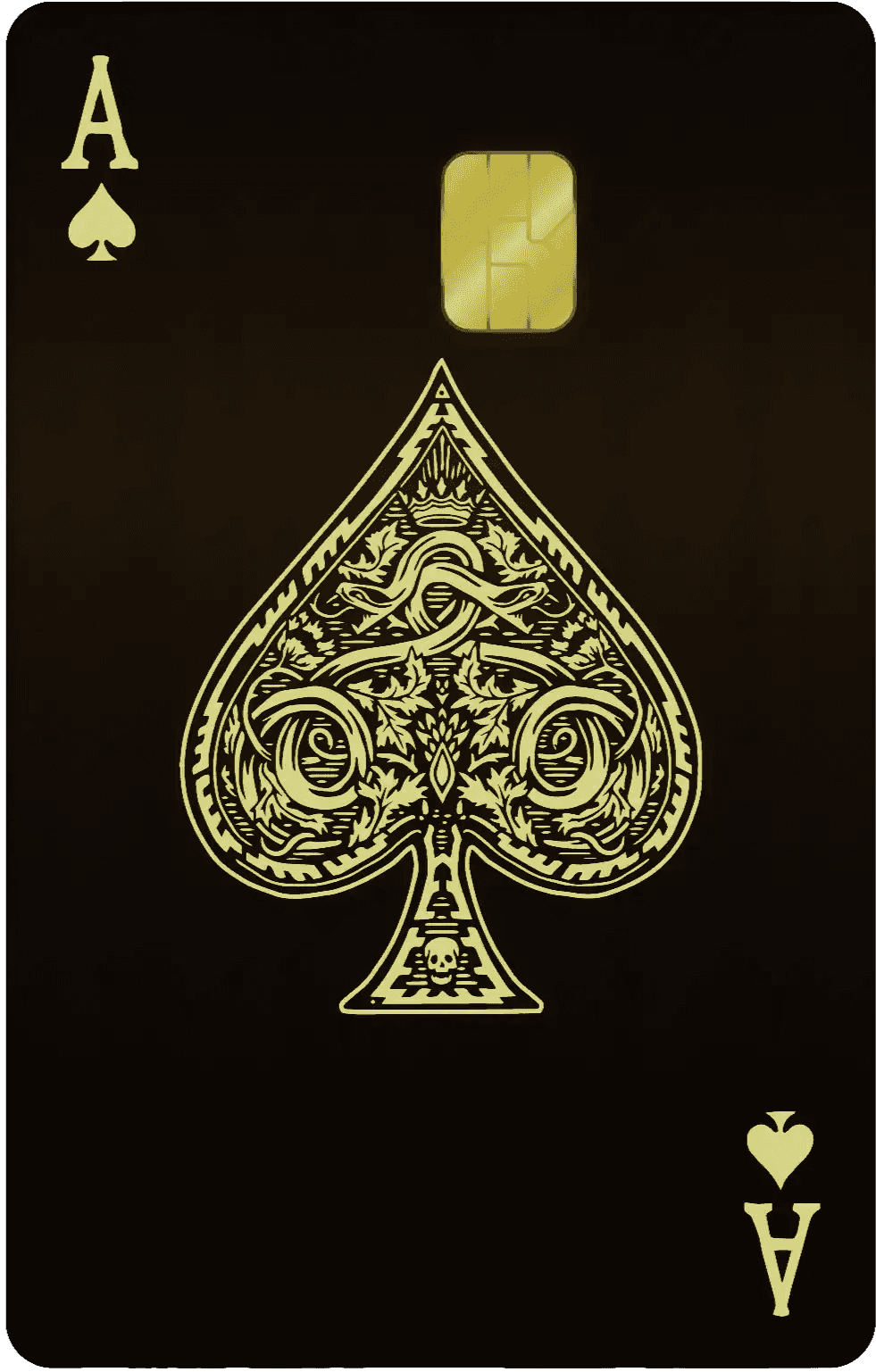 Luxury gold metal Ace of Spades card with ornate design and embedded chip on black background