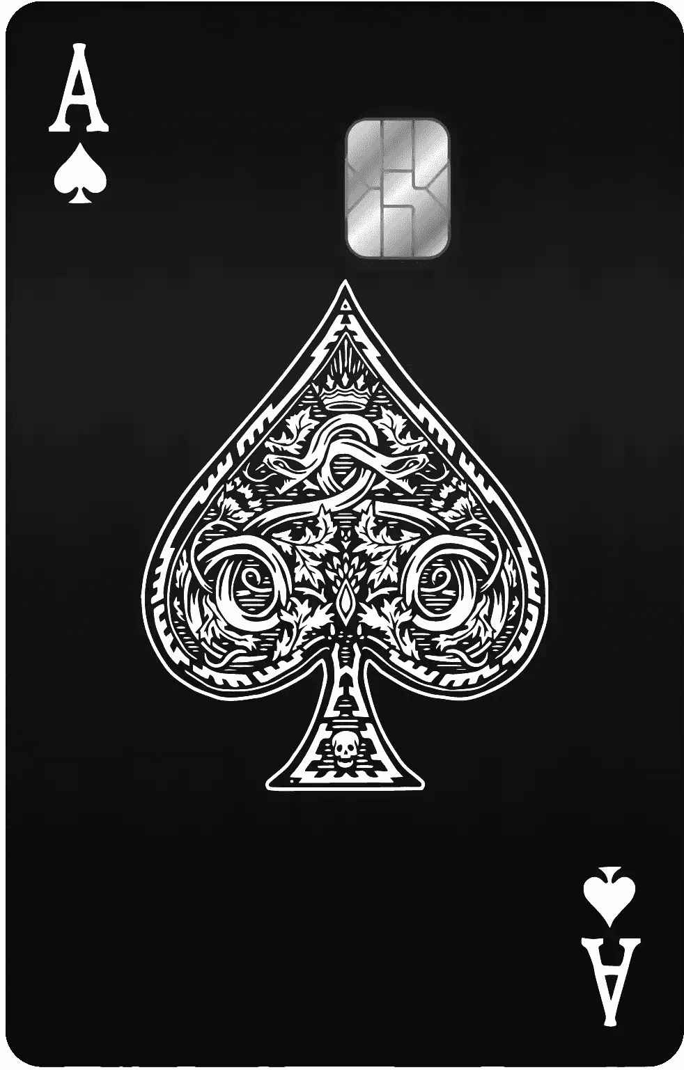 Black metal Ace of Spades card with ornate white design and chip, luxury playing card