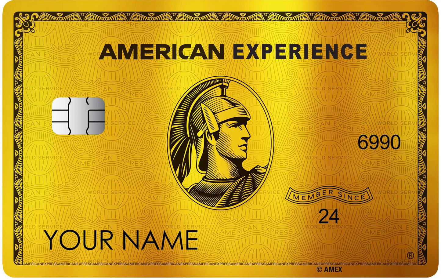 Luxury gold metal card with embossed Roman figure, text AMERICAN EXPERIENCE, chip, and ornate border