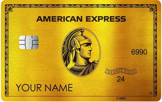 Gold metal American Express card with chip, classic design, and engraved details