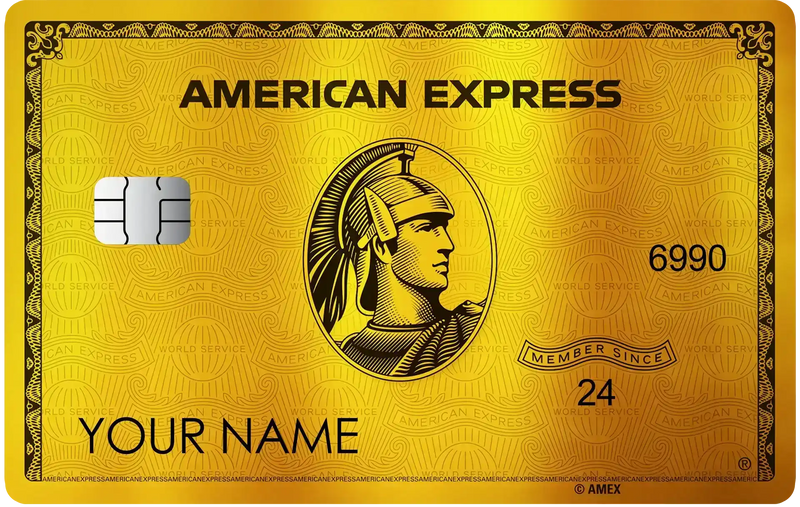 Gold metal American Express card with chip, classic design, and engraved details