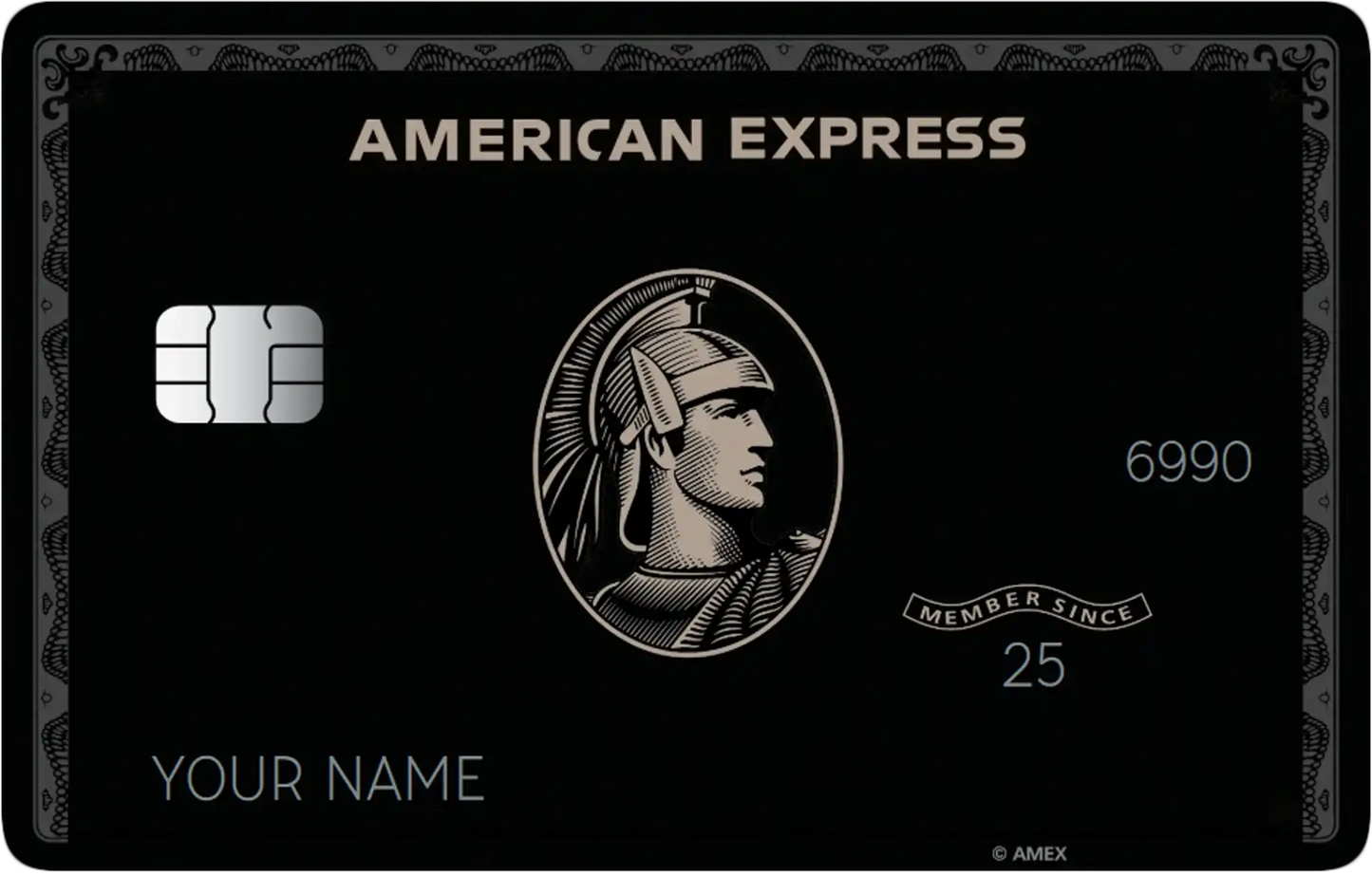 Black metal American Express card with chip, centurion logo, and silver details