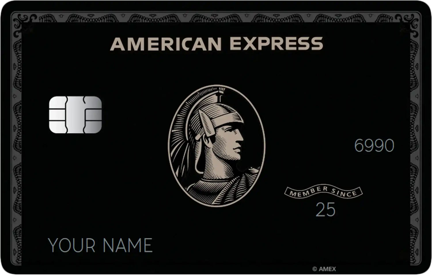 Black metal American Express card with chip, centurion logo, and silver details