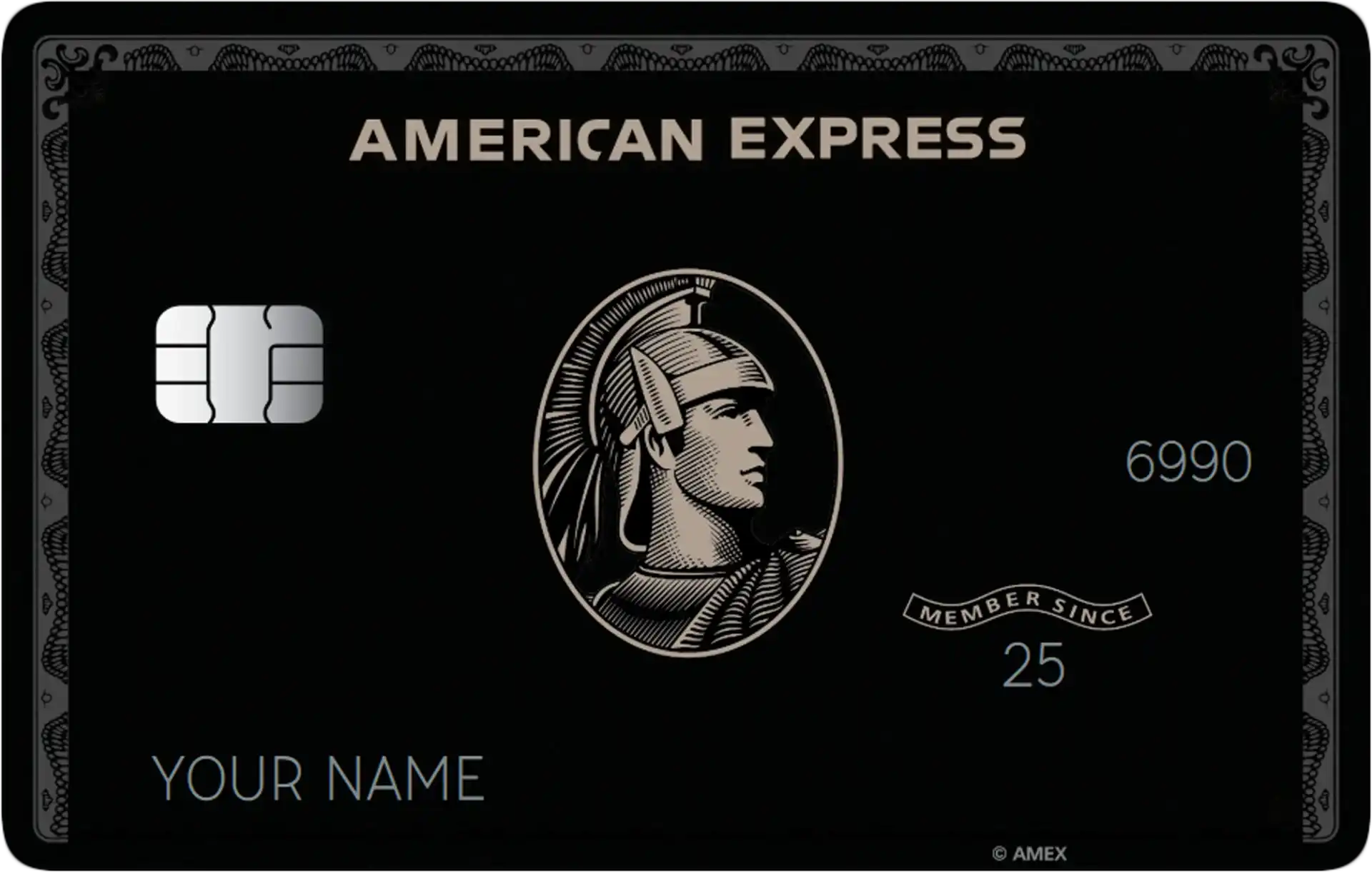 Black metal American Express card with chip, centurion logo, and silver details