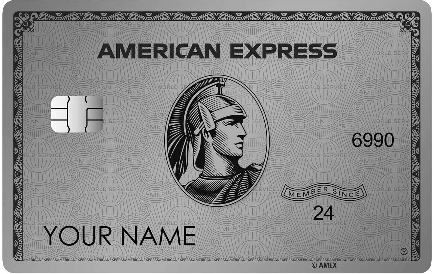 Custom metal American Express style silver card with engraved chip and Roman centurion design