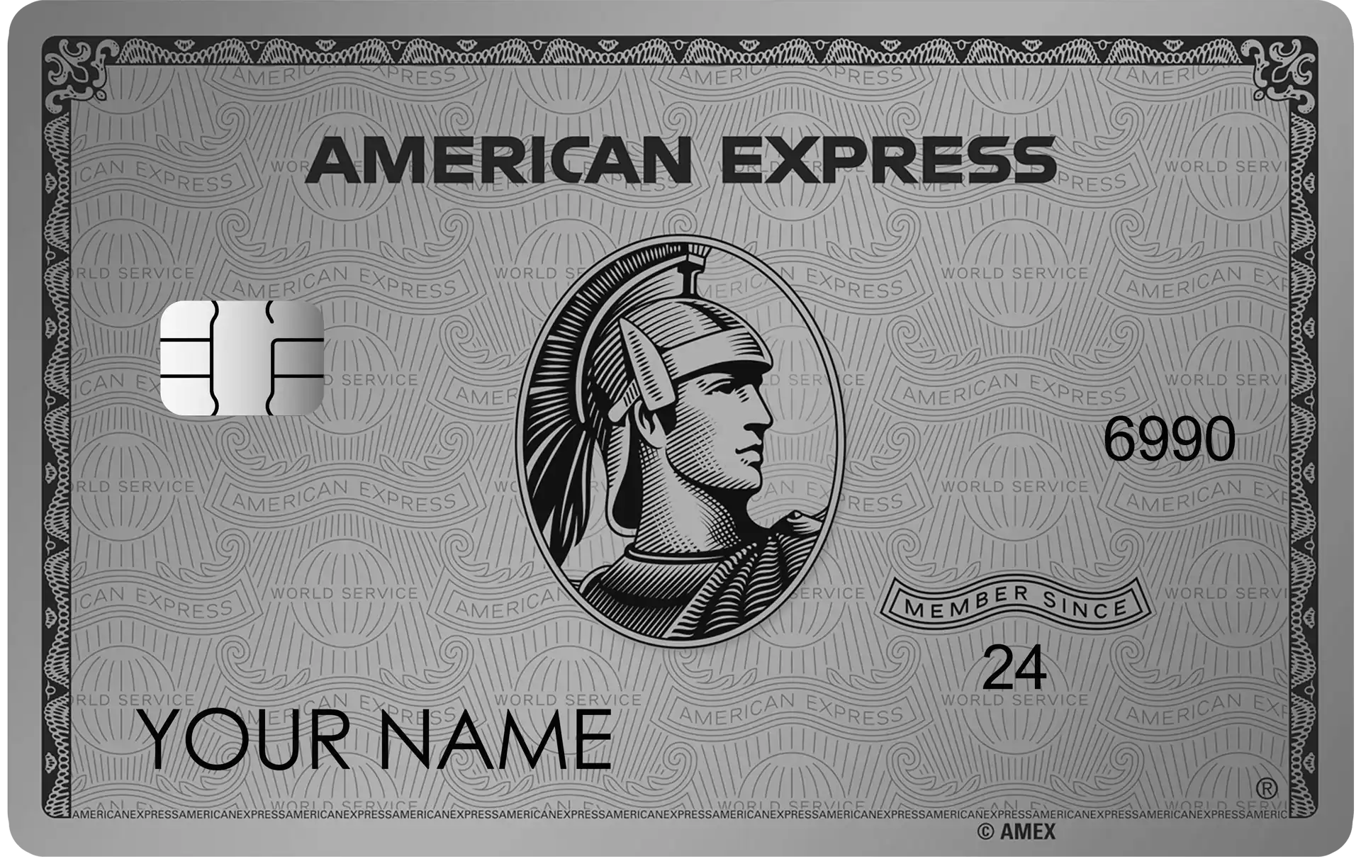 Custom metal American Express style silver card with engraved chip and Roman centurion design