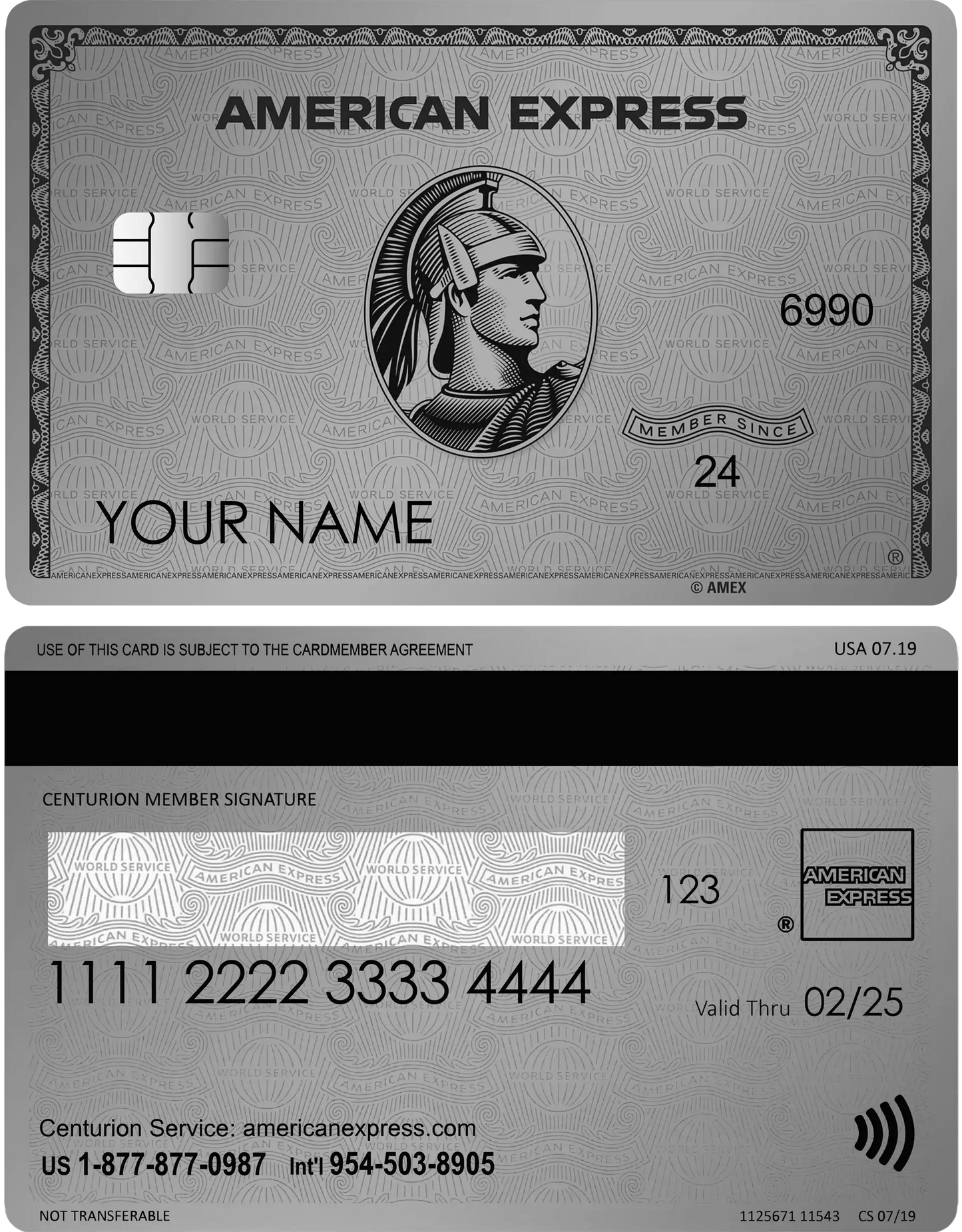 Metal American Express silver card front and back with centurion logo, contactless feature, and chip.