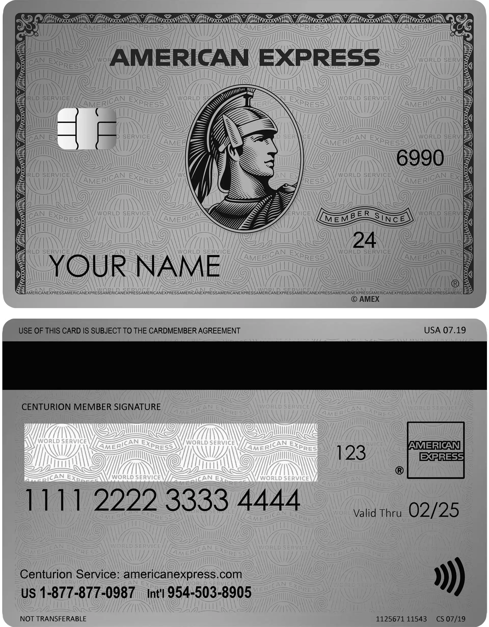 Metal American Express silver card front and back with centurion logo, contactless feature, and chip.